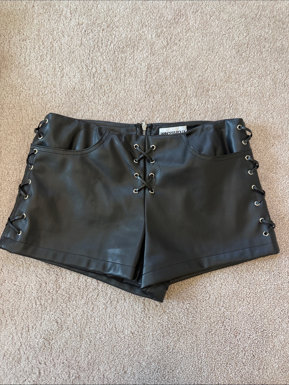 Princess Polly Black Leather Low Rise Lace-Up Womenโs Shorts